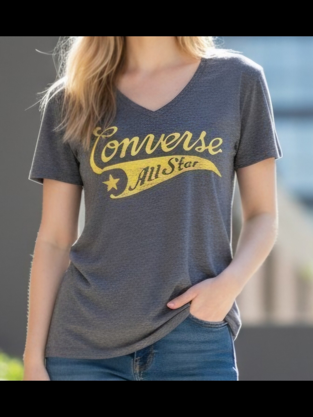 Converse Women's Charcoal V-Neck Tee with Yellow All Star Logo